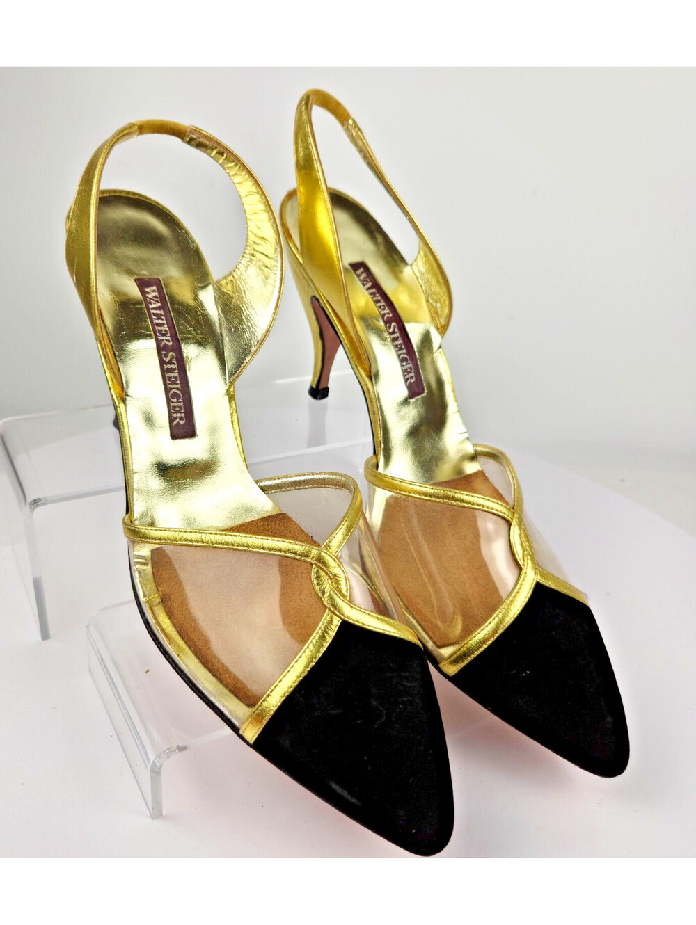 Walter Steiger Gold Clear PVC Slingback Heels Italy 9.5B Vintage NOS